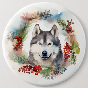 Alaskan Malamute Christmas Wreath Festive Pup  6 Cm Round Badge