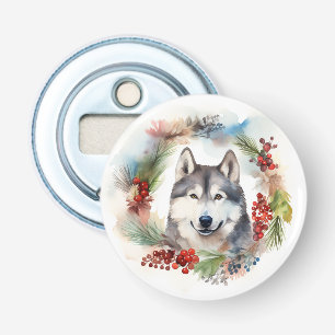 Alaskan Malamute Christmas Wreath Festive Pup Bottle Opener