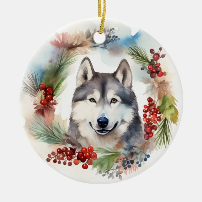 Alaskan Malamute Christmas Wreath Festive Pup  Ceramic Tree Decoration (Front)