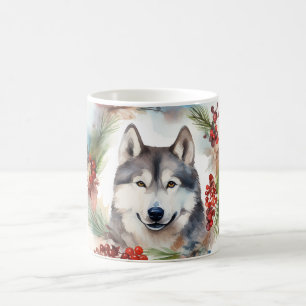 Alaskan Malamute Christmas Wreath Festive Pup  Coffee Mug