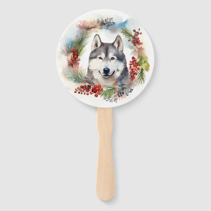 Alaskan Malamute Christmas Wreath Festive Pup  Hand Fan