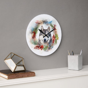 Alaskan Malamute Christmas Wreath Festive Pup  Large Clock