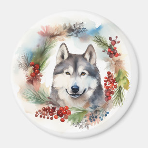 Alaskan Malamute Christmas Wreath Festive Pup  Magnet