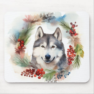 Alaskan Malamute Christmas Wreath Festive Pup  Mouse Mat