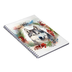 Alaskan Malamute Christmas Wreath Festive Pup  Notebook