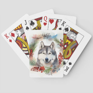 Alaskan Malamute Christmas Wreath Festive Pup  Playing Cards