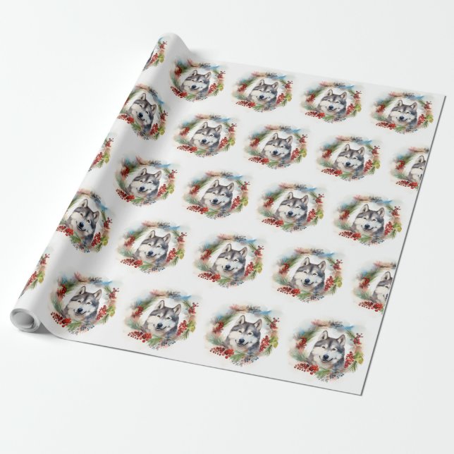 Alaskan Malamute Christmas Wreath Festive Pup  Wrapping Paper (Unrolled)