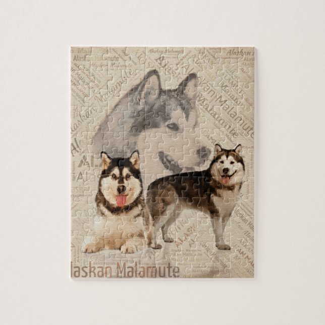 Alaskan Malamute Collage on Word Pattern Jigsaw Puzzle (Vertical)