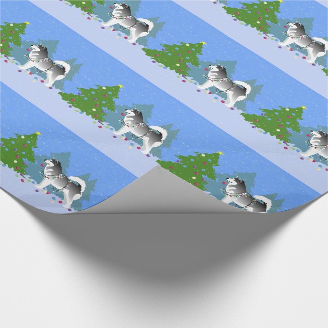 Alaskan Malamute Decorating Christmas Tree Wrapping Paper (Corner)