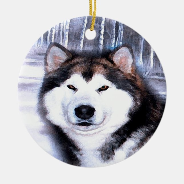 Alaskan Malamute Design by Artist SteJhourre Ceramic Tree Decoration (Front)