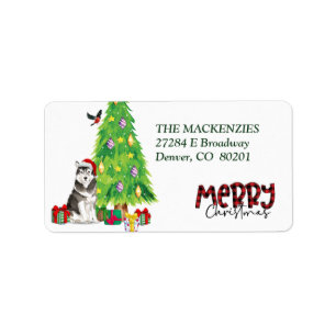 Alaskan Malamute Dog and Christmas Tree Label