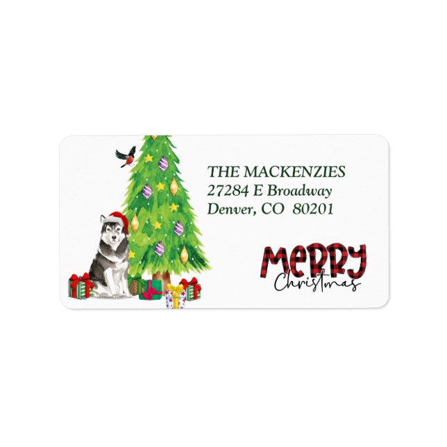 Alaskan Malamute Dog and Christmas Tree Label (Front)