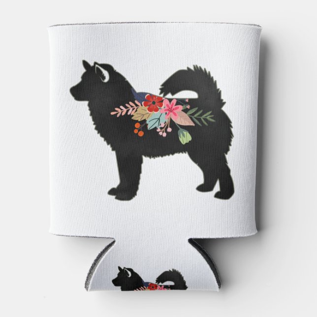Alaskan Malamute Dog Boho Floral Silhouette Can Cooler (Front)