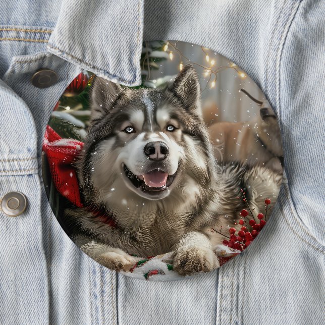 Alaskan Malamute Dog Christmas Festive 6 Cm Round Badge (In Situ)