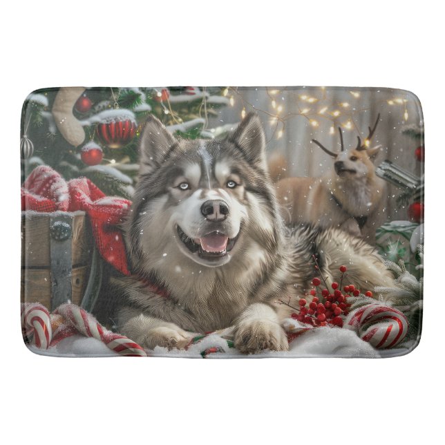 Alaskan Malamute Dog Christmas Festive Bath Mat (Front)