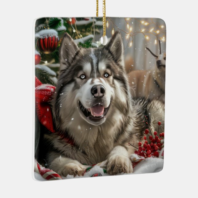 Alaskan Malamute Dog Christmas Festive Ceramic Ornament (Right)