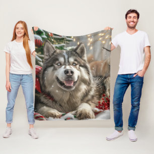 Alaskan Malamute Dog Christmas Festive Fleece Blanket