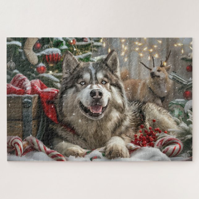 Alaskan Malamute Dog Christmas Festive Jigsaw Puzzle (Horizontal)