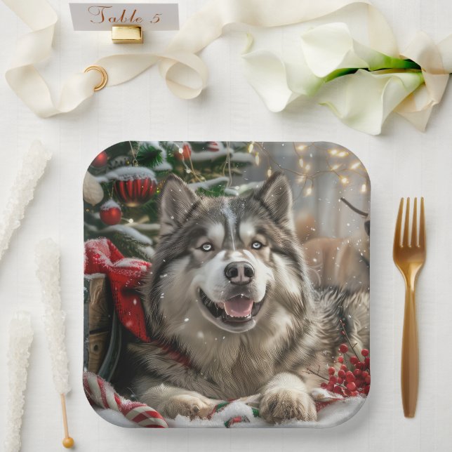 Alaskan Malamute Dog Christmas Festive Paper Plate (Wedding)