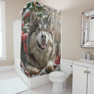 Alaskan Malamute Dog Christmas Festive Shower Curtain