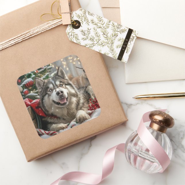 Alaskan Malamute Dog Christmas Festive Square Sticker (Gifting)