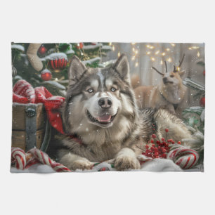 Alaskan Malamute Dog Christmas Festive Tea Towel