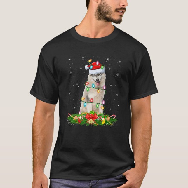 Alaskan Malamute Dog Christmas Lights Funny Santa  T-Shirt (Front)
