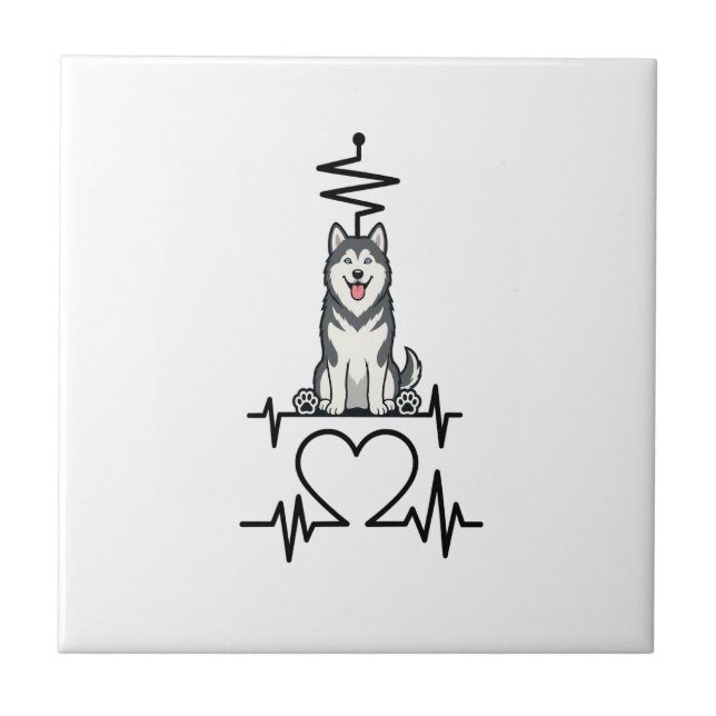 Alaskan Malamute Dog Heartbeat Line Heart Paws Tile (Front)