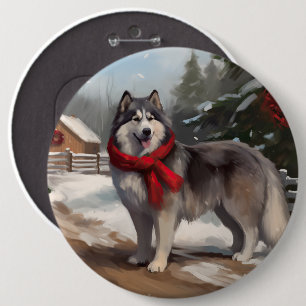 Alaskan Malamute Dog in Snow Christmas 6 Cm Round Badge