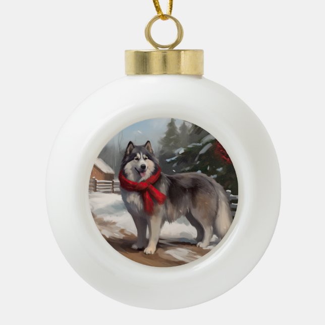 Alaskan Malamute Dog in Snow Christmas Ceramic Ball Christmas Ornament (Front)