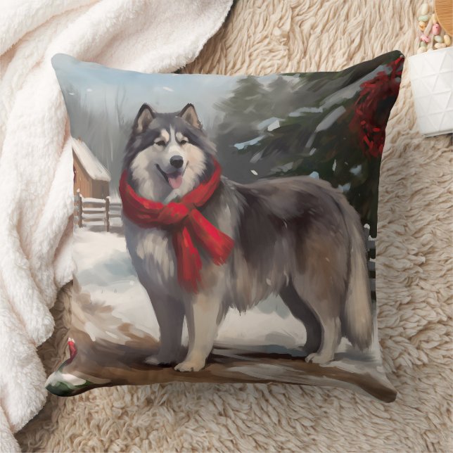 Alaskan Malamute Dog in Snow Christmas Cushion (Blanket)
