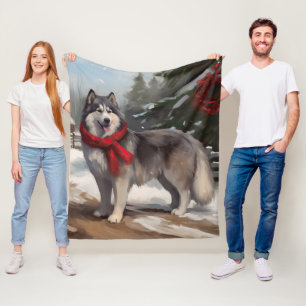 Alaskan Malamute Dog in Snow Christmas Fleece Blanket
