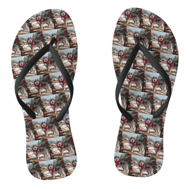 Alaskan Malamute Dog in Snow Christmas Flip Flops (Footbed)