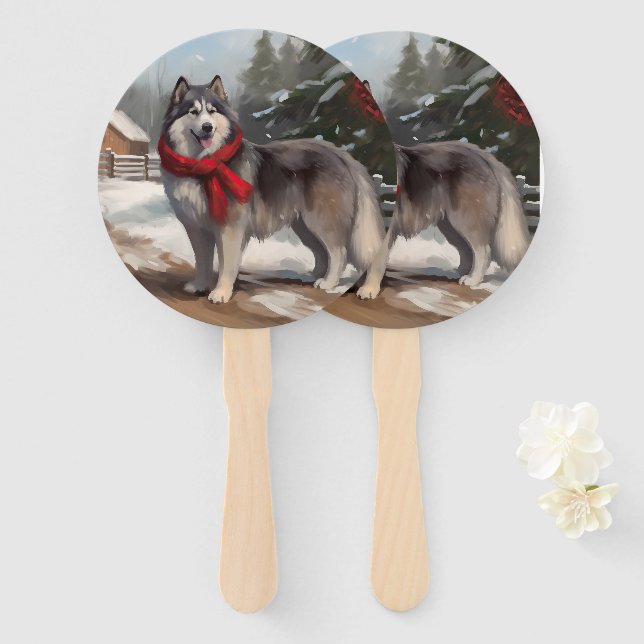 Alaskan Malamute Dog in Snow Christmas Hand Fan (Front and Back)