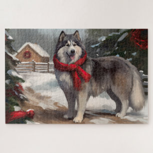Alaskan Malamute Dog in Snow Christmas Jigsaw Puzzle