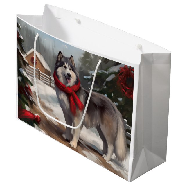 Alaskan Malamute Dog in Snow Christmas Large Gift Bag (Front Angled)