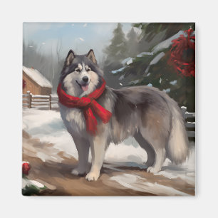 Alaskan Malamute Dog in Snow Christmas Magnet