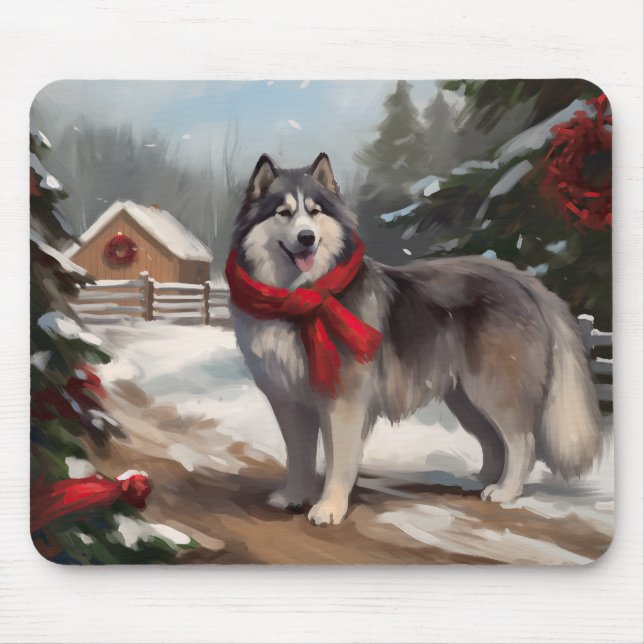 Alaskan Malamute Dog in Snow Christmas Mouse Mat (Front)