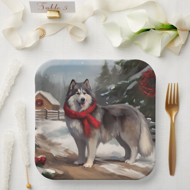 Alaskan Malamute Dog in Snow Christmas Paper Plate (Wedding)