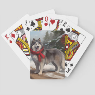 Alaskan Malamute Dog in Snow Christmas Playing Cards