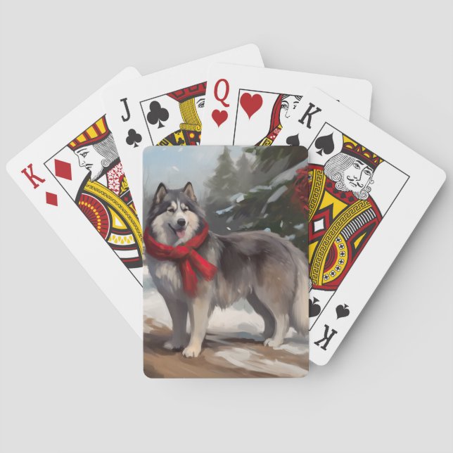 Alaskan Malamute Dog in Snow Christmas Playing Cards (Back)