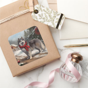 Alaskan Malamute Dog in Snow Christmas Square Sticker