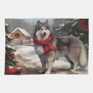 Alaskan Malamute Dog in Snow Christmas Tea Towel