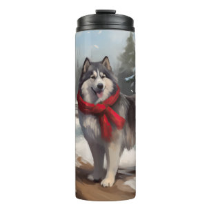Alaskan Malamute Dog in Snow Christmas Thermal Tumbler