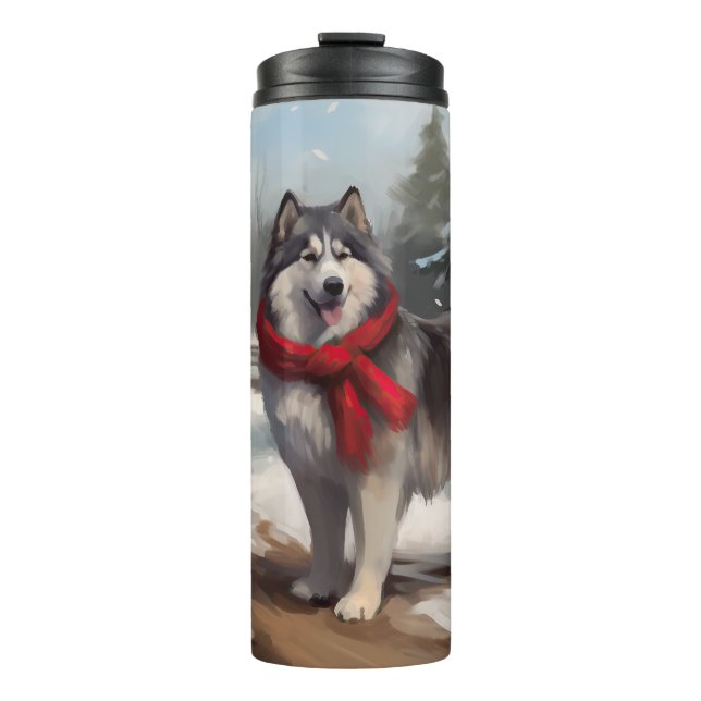 Alaskan Malamute Dog in Snow Christmas Thermal Tumbler (Front)