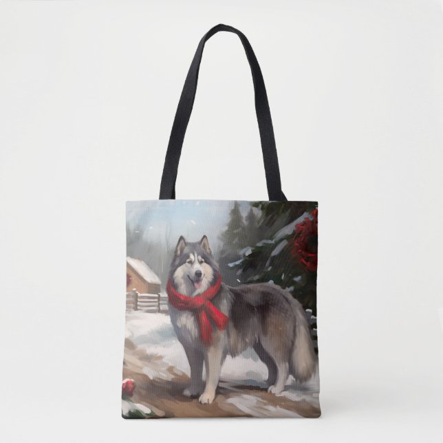 Alaskan Malamute Dog in Snow Christmas Tote Bag (Front)
