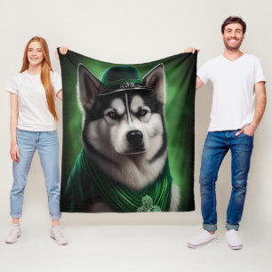 Alaskan Malamute dog in St. Patrick's Day Dress Fleece Blanket