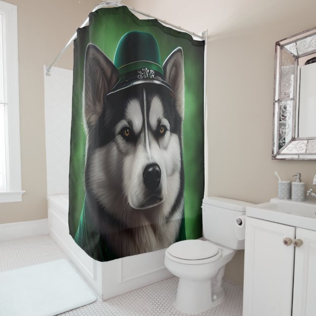 Alaskan Malamute dog in St. Patrick's Day Dress Shower Curtain (In Situ)