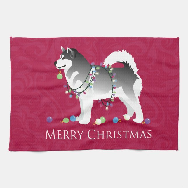 Alaskan Malamute Dog Merry Christmas Design Tea Towel (Horizontal)
