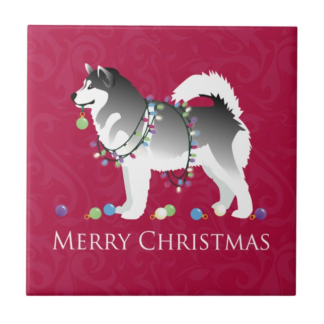 Alaskan Malamute Dog Merry Christmas Design Tile (Front)
